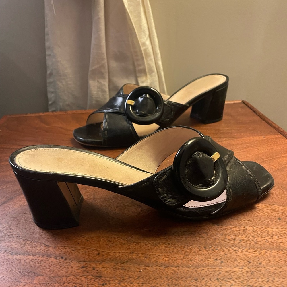 Prada Black Leather Slide Heeled Mules with Oversized Buckle - Picture 4 of 9